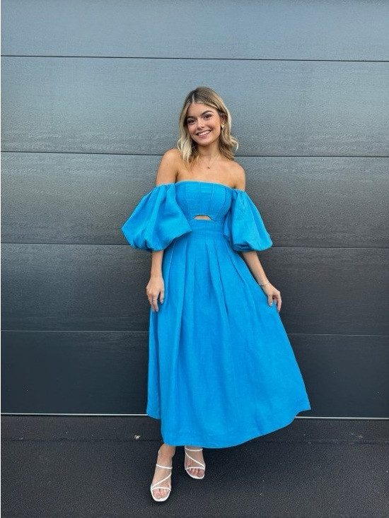Aje Eugene Cobalt Blue Off-The-Shoulder Puff Sleeve Midi Dress AU4/US0 NWT | Poshmark