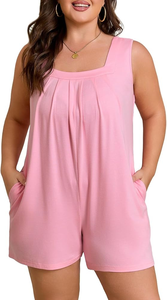 Eytino Women's Plus Size Jumpsuits Casual Sleeveless Short Overalls Pleated Front Rompers Summer ... | Amazon (US)