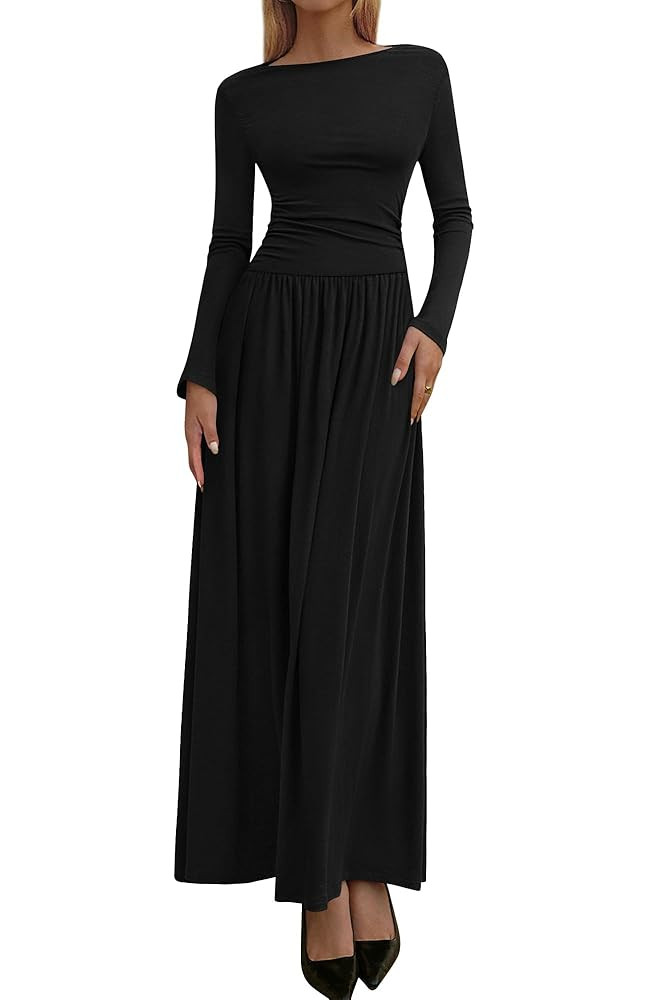 BTFBM Long Sleeve Maxi Dresses for Women 2025 Fall Casual Ruched Boat Neck Flowy Elegant Formal W... | Amazon (US)