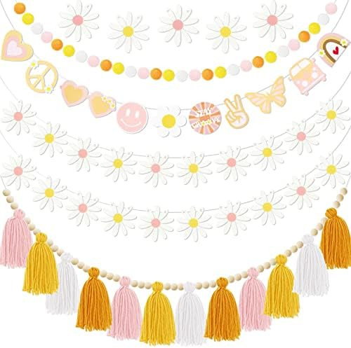 Groovy Party Decoration Garland 5Pcs, Groovy Hippie Banner Daisy Boho Tassel Garland Decor, Pre Stru | Amazon (US)