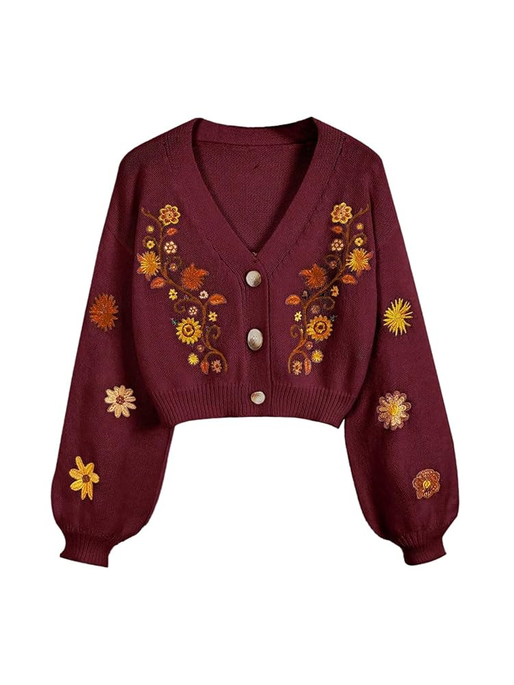 Women's Floral Boho Cardigan Sweater Cottagecore Cropped Cardigan Western Embroidery Button Down ... | Amazon (US)