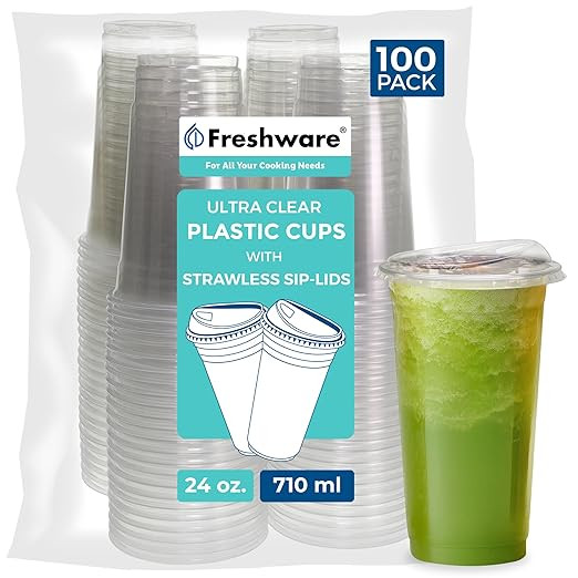 Freshware 24 oz Clear Disposable Plastic Cups with Strawless Sip Lids, 100 Pack Clear Plastic Tum... | Amazon (US)