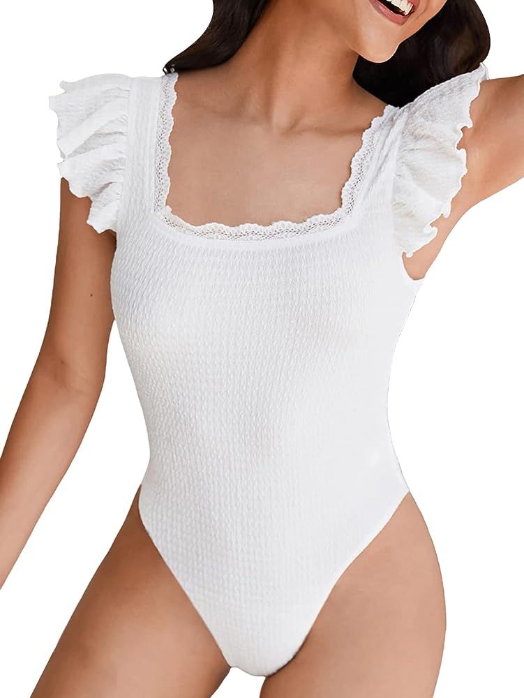 Romwe Women's Square Neck Ruffle Trim Cap Sleeve Skinny Bodysuit Romper Tops | Amazon (US)