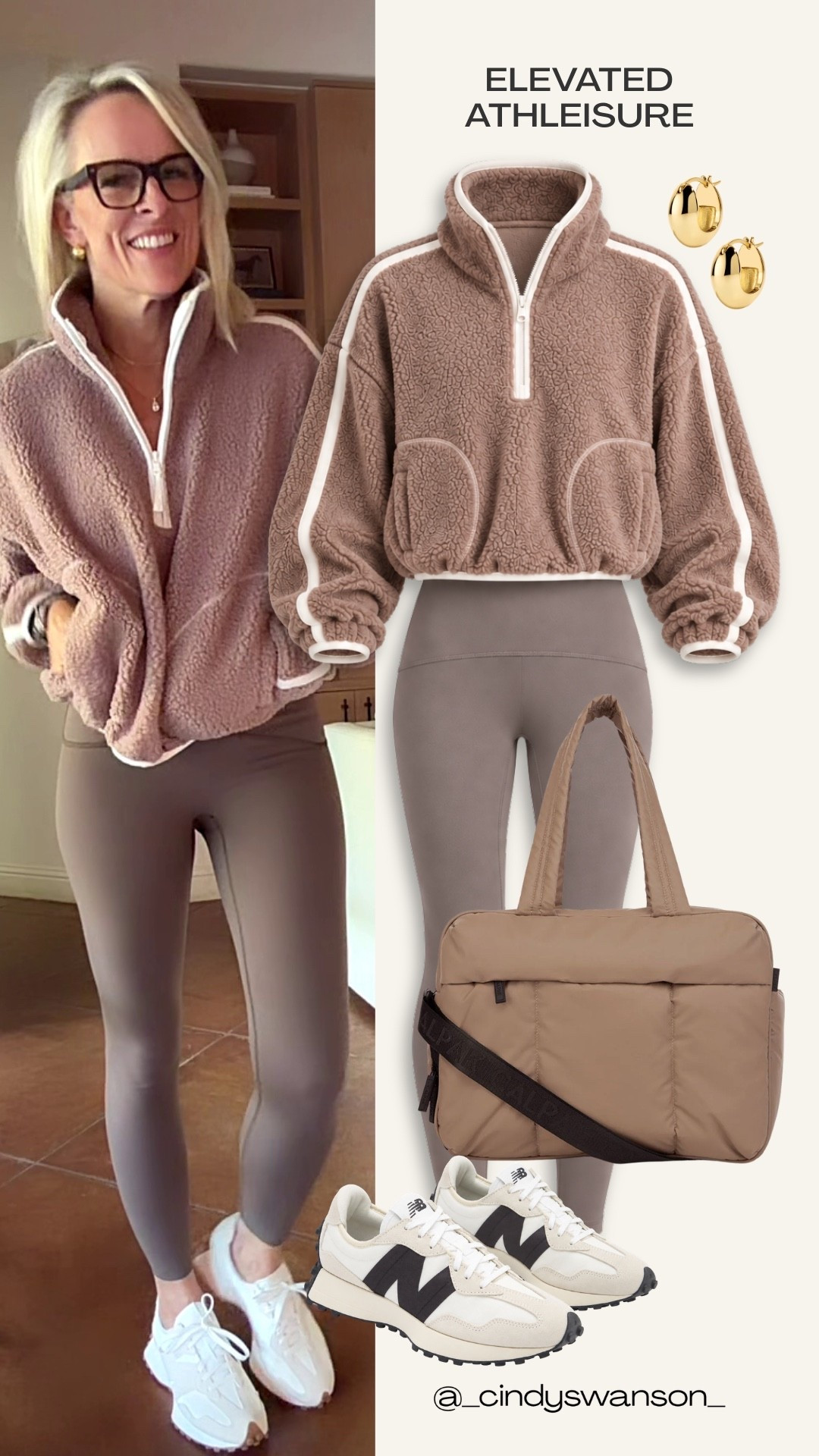 This mocha sherpa quarter-zip is such a cozy layer for cooler days. I love it paired with taupe leggings for an easy, coordinated athleisure look. The sneakers on my photo are low in stock or unavailable, so I’ve added another sneaker option for you, too!

An effortless outfit for travel days, errands, and casual weekends.
