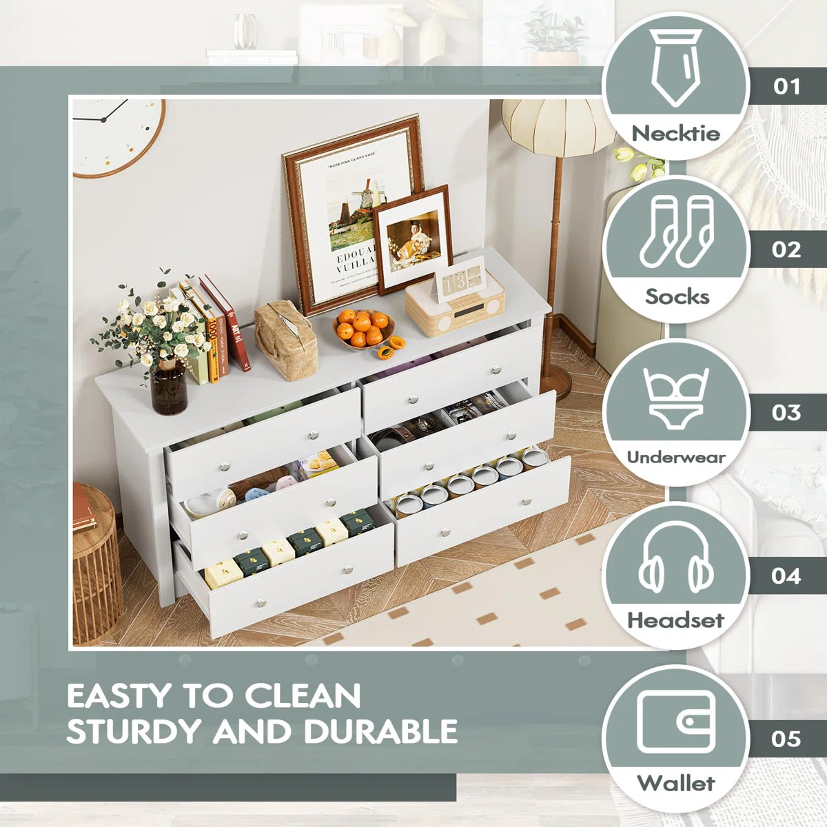 6 Drawer Double Dresser, Wide Wood Chest Of Drawers Storage Tower Storage for Living Room Bedroom | Wayfair North America