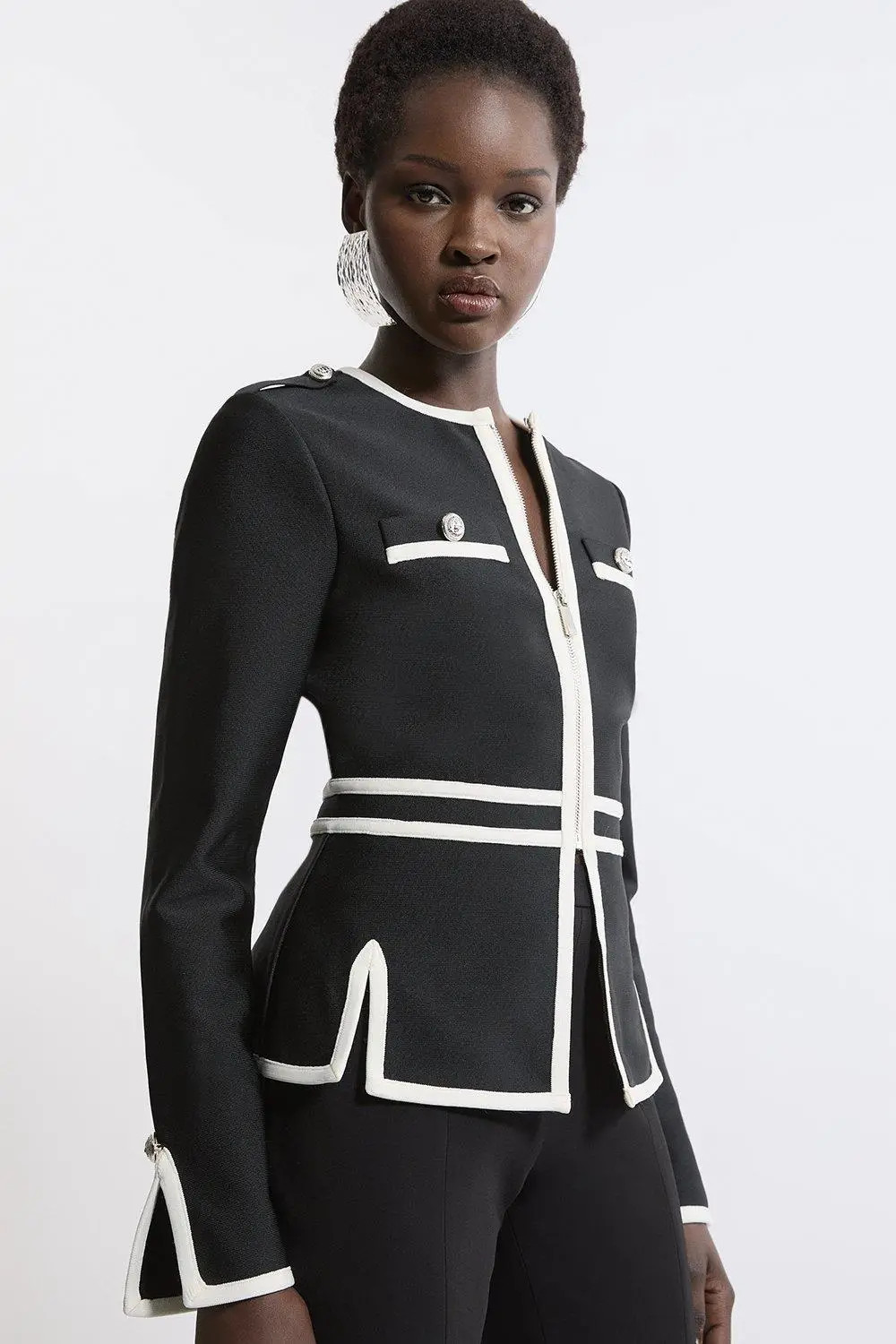 Figure Form Bandage Military Contrast Piping Knit Split Hem Jacket | Karen Millen