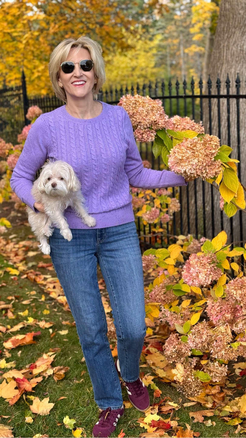 Soft, cozy, and totally my vibe 💜 Loving this lavender cable knit sweater from Talbots paired with denim and retro sneakers—effortless style for weekend vibes or casual strolls. Who else is living for cozy chic?

#LTKOver40 #LTKSeasonal #LTKootd