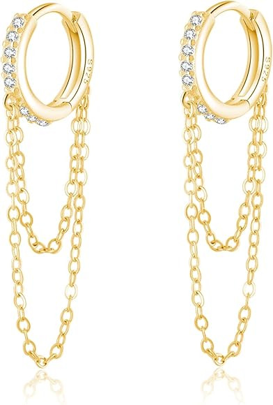 Reffeer 925 Sterling Silver CZ Chain Hoop Earrings Dangle Chain for Women Teens Dangle Earrings T... | Amazon (US)