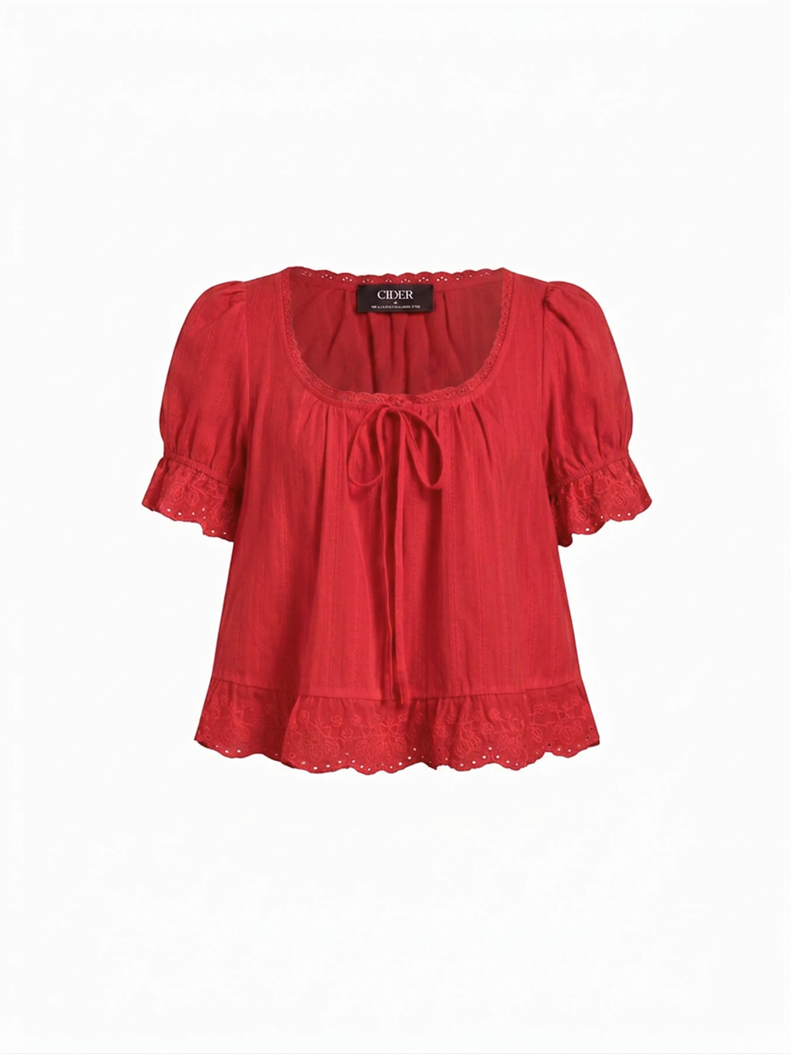 Cotton Lace Trim Knotted Short Puff Sleeve Blouse | Cider