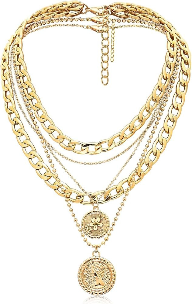 MJartoria Gold Layered Necklaces for Women Trendy Retro Coin Pendant Necklace Dainty Chunky Chain... | Amazon (US)
