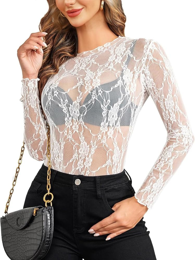 WIHOLL Womens Mesh Sheer Tops Sexy Crew Neck Summer Loose FIt Party Clubwear Shirts | Amazon (US)