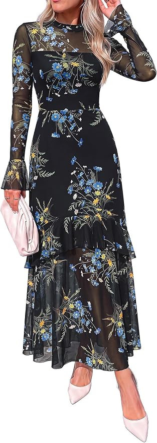 BTFBM Elegant Wedding Guest Dress Long Sleeve Maxi Dresses for Women | Amazon (US)