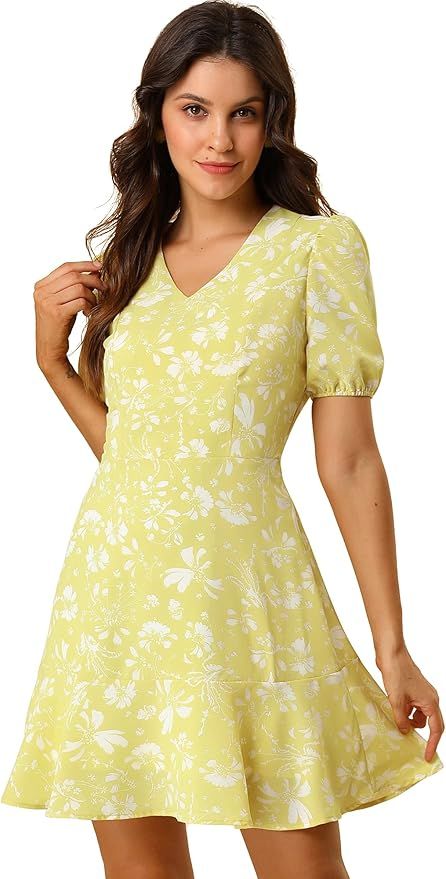 Allegra K Women's Floral Ruffle Hem V Neck A-Line Short Sleeve Chiffon Mini Dress | Amazon (US)