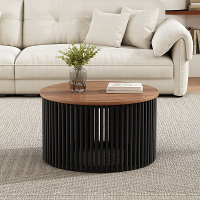 30" Round Fluted Coffee Table, Japandi Style Acacia Wood Veneer Drum Base Center Table, Natural Modern Pedestal Table for Living Room - Panipeachy | Target