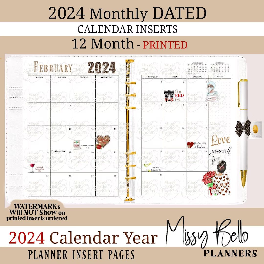 PRINTED 2024 Dated Calendar 12 Month, Fashion Planner Inserts, Refill, A5, A6, Half Page, Mm, Per... | Etsy (US)