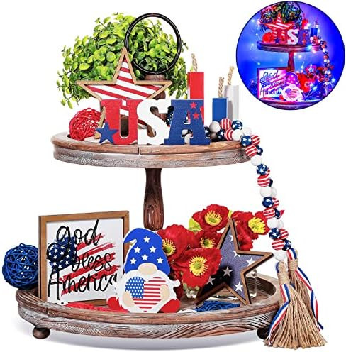 11 Pieces 4th of July Tiered Tray Decor Patriotic Wooden Tray Signs God Bless America USA Gnome Amer | Amazon (US)