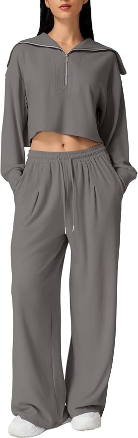 QINSEN Women Cozy 2 Piece Lounge Matching Set Wide Leg Sweatpants Half Zip Crop Sweatshirt Outfit... | Amazon (US)