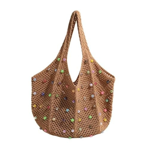 AOZOOSA Boho Crochet Handbag Beach Tote Shoulder Bag with Colored Beads Hippie Knit Bag for Women (Brown | Amazon (US)