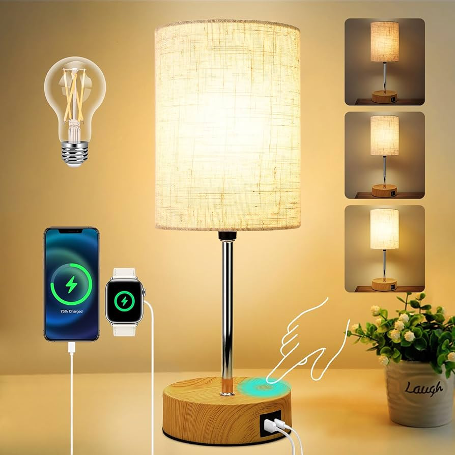Table Lamp for Bedroom Touch Control 3-Way Dimmable Bedside Lamps with USB Charging Ports Small L... | Amazon (US)