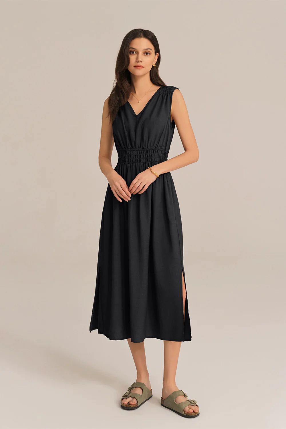 V-Neck Sleeveless Side Slit Elastic Waist A-Line Midi Dress - Black | GRACE KARIN