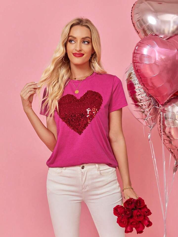 SHEIN LUNE Valentine's Day Heart Shaped Sequin Women T-Shirt | SHEIN