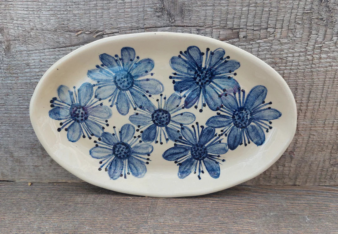 Handmade Pottery Oval Plate With Hand Painted Flowers - Etsy | Etsy (US)