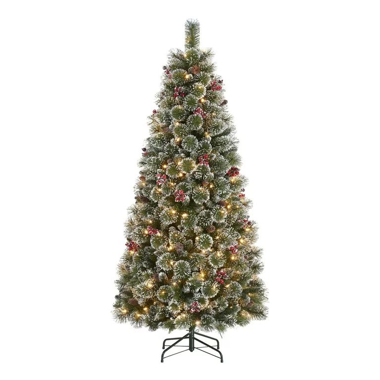Holiday Time 6.5ft Pre-Lit Glittering Frost Pine Christmas Tree, Warm White LED, Green, 6.5' | Walmart (US)