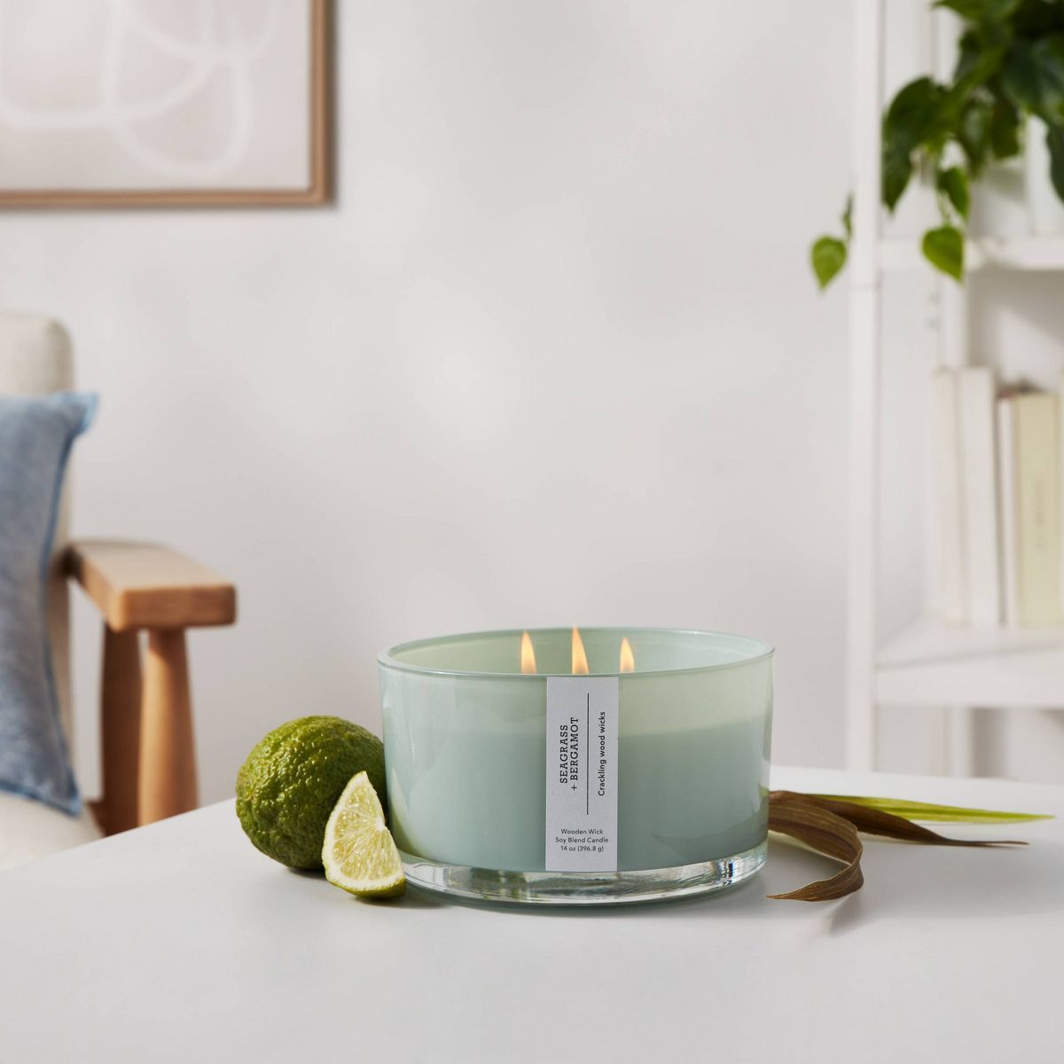 Round Base Glass Candle with Wooden Wick Seagrass and Bergamot Green - Threshold™ | Target