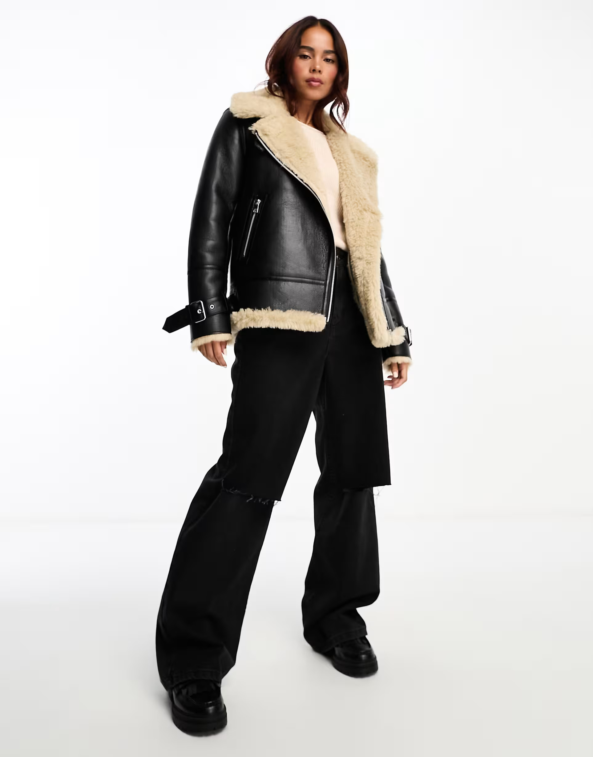 New Look faux fur aviator in black and tan | ASOS (Global)