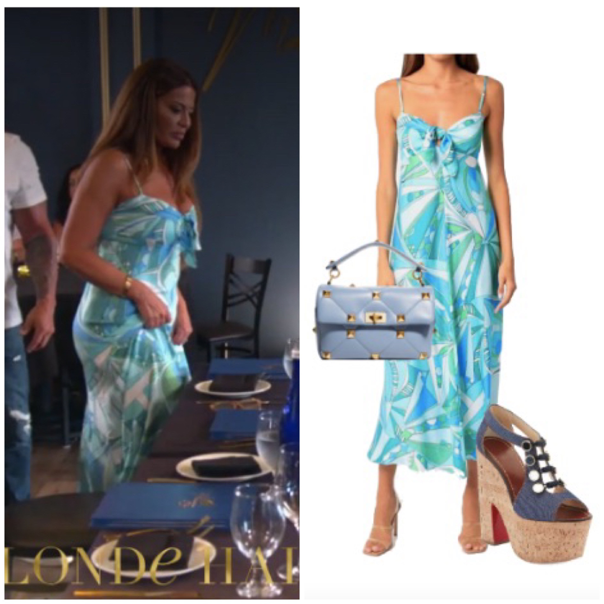 Dolores Catania’s Blue and Turquoise Printed Maxi Dress, Blue Studded Bag and Platform Cork Sandals 