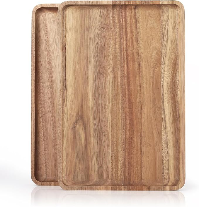 2 PCS Solid Acacia Wood Serving Trays 13 * 9 inch Rectangular Wooden Serving Platters Natural Woo... | Amazon (US)