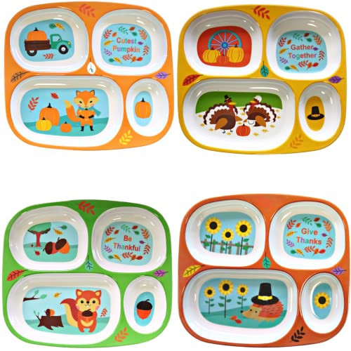 4E's Novelty Fall Thanksgiving Dinnerware Divided Plates for Kids Melamine Plastic - Set of 4 Thanksgiving Themed Dishes Plates, BPA Free, Top Rack Dishwasher Safe, Halloween Toddler Plates | Amazon (US)