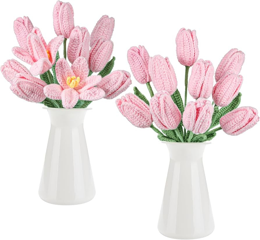 Shihanee 10 Pcs Tulip Crochet Flowers Bouquet Handmade Knitted Flower Decor Birthday Gifts for Mo... | Amazon (US)