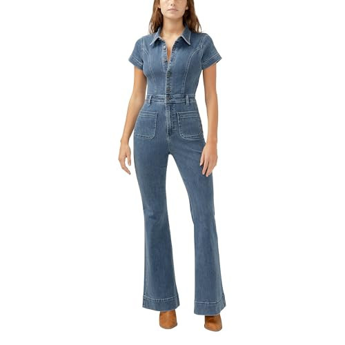 Silver Jeans Co. Women's 70s Flare Leg Denim Jumpsuit, Indigo, X-Large | Amazon (US)