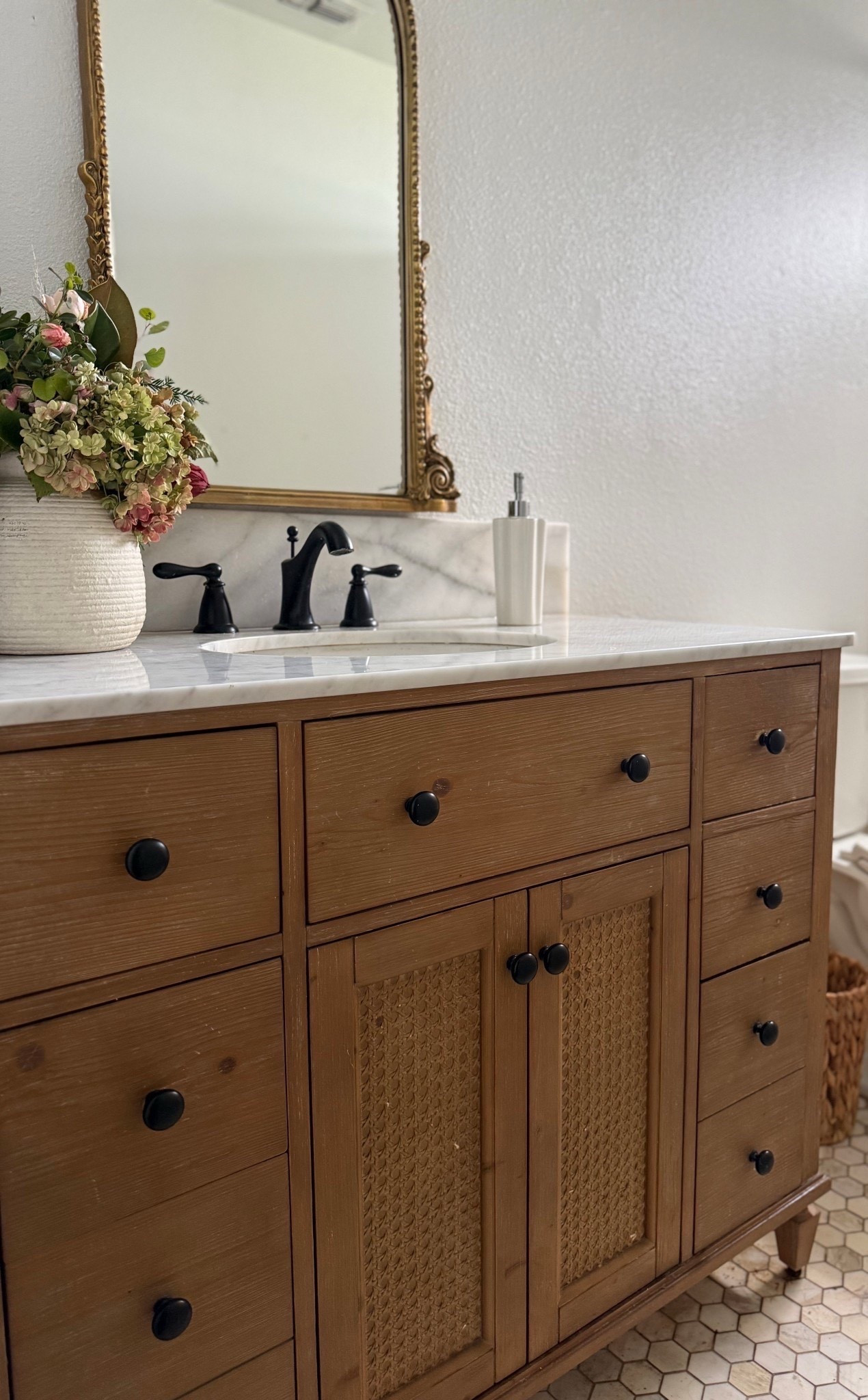 I love my gorgeous bathroom vanity! It has six spacious soft closing drawers, a cabinet below and modern black hardware! It looks great paired with my gold ornate mirror and marble hexagon floors! I recently organized my makeup drawers with acrylic drawer organizers, and it’s inspired me to organize other areas of my home! @wayfair has everything you need to organize your bathroom, bedroom, home office, kitchen, dining room, living room and more! #ad #wayfair #wayfairpartner #newyearnewyou ❤️ 

#LTKdayinmylife #LTKHome #LTKFindsUnder100