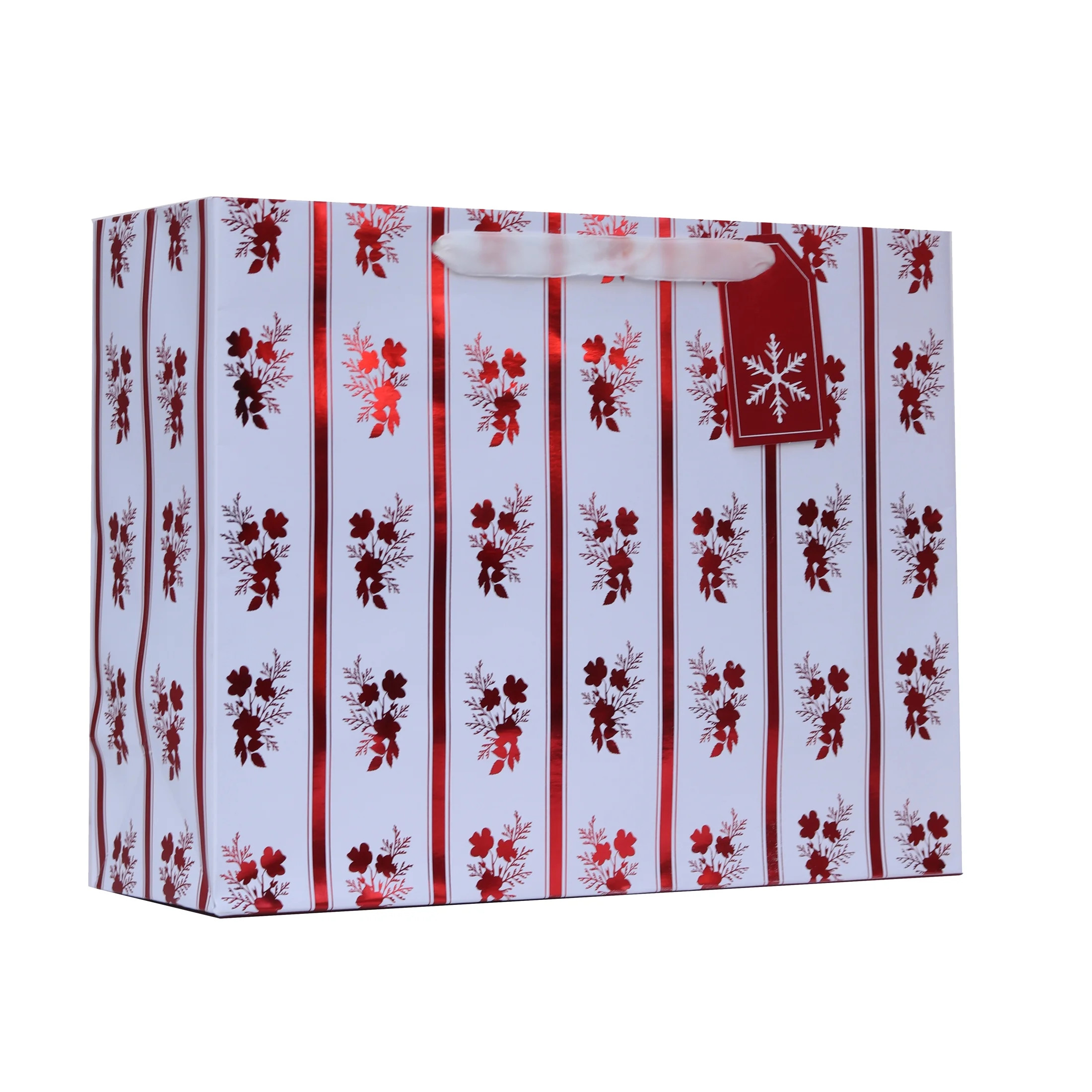 Large White and Red Foil Floral Christmas Paper Gift Bag, 12.75" x 4.5" x 10", by My Texas House | Walmart (US)