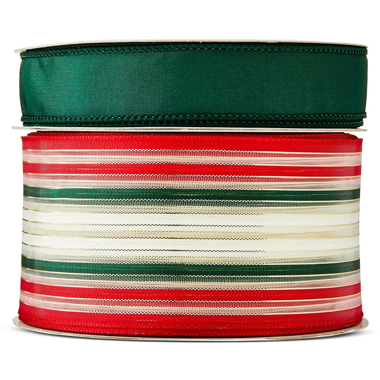 Solid Green and Red/Green/White Striped Christmas Ribbons, 21', 2 Count, by Holiday Time | Walmart (US)