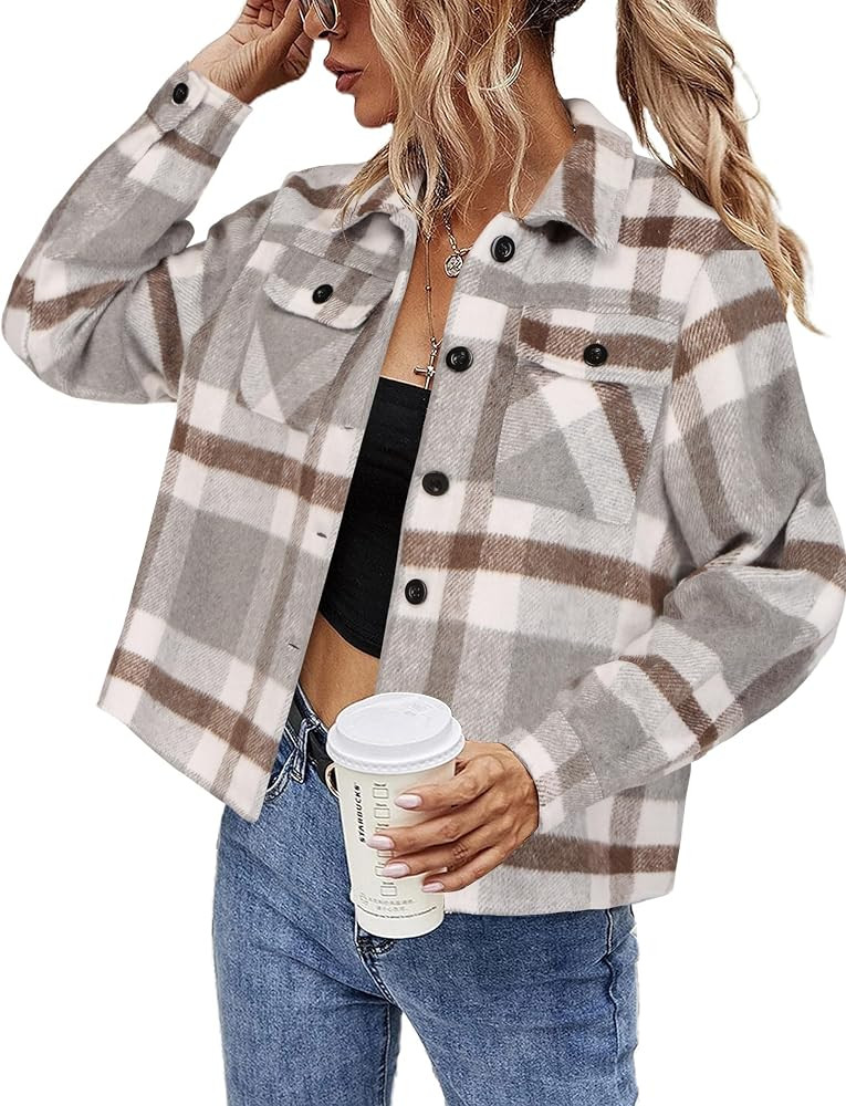HOTOUCH Womens Flannels Fall Cropped Shacket Plaid Jacket Long Sleeve Button Down Coat 2025 Fall ... | Amazon (US)