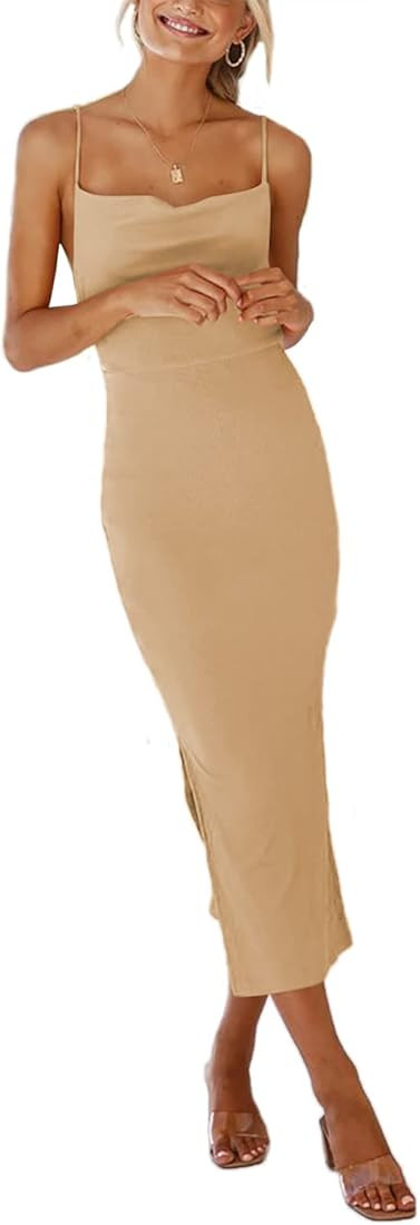 Umenlele Women's Sexy Cowl Neck Backless Split Ribbed Sleeveless Bodycon Midi Dress | Amazon (US)