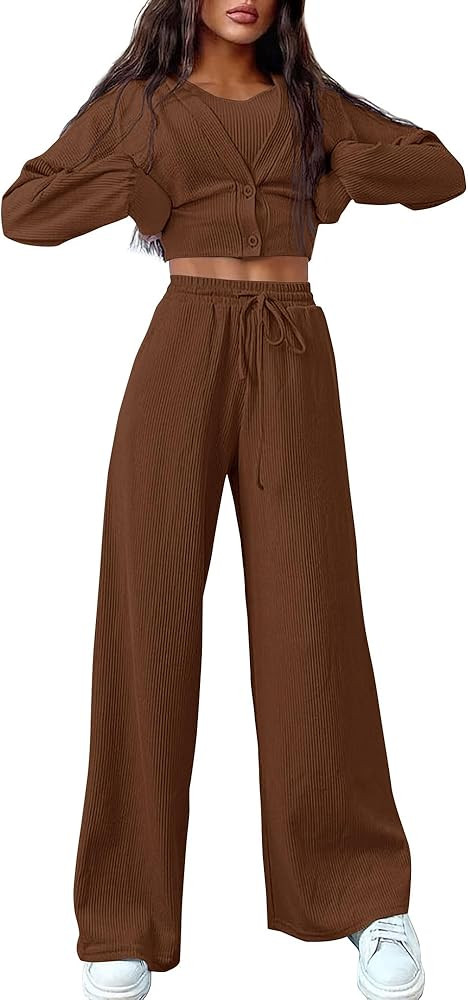 BTFBM Women's Fall 3 Piece Outfits Fashion Matching Sets Ribbed Knit Cardigan Cropped Tank Tops Wide | Amazon (US)