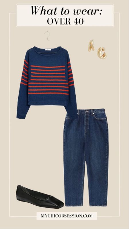 For this more casual look, start with a pair of classic jeans. If you are looking to step out of your everyday neutral palette without overdoing it, then this rolled-neck pullover sweater gives you a subtle pattern and pop of color. These small hoop-shaped earrings give this look a final polished touch, while these basic flats square toe flats add a more modern – yet still timeless – flair.

#LTKstyletip #LTKworkwear #LTKover40
