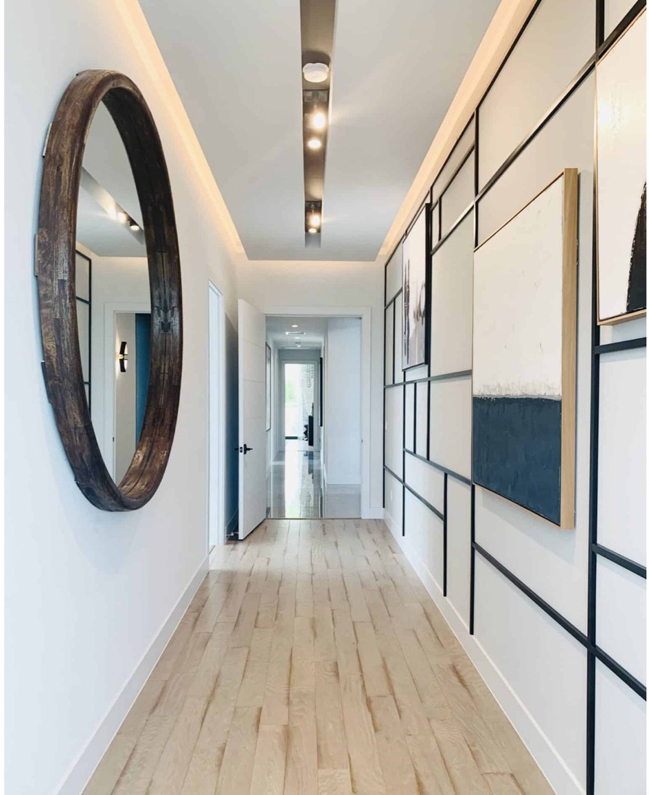 A solution for a long narrow hallway.  Add Oversized round mirror with abstract black and white  art

#LTKCyberWeek #LTKhome