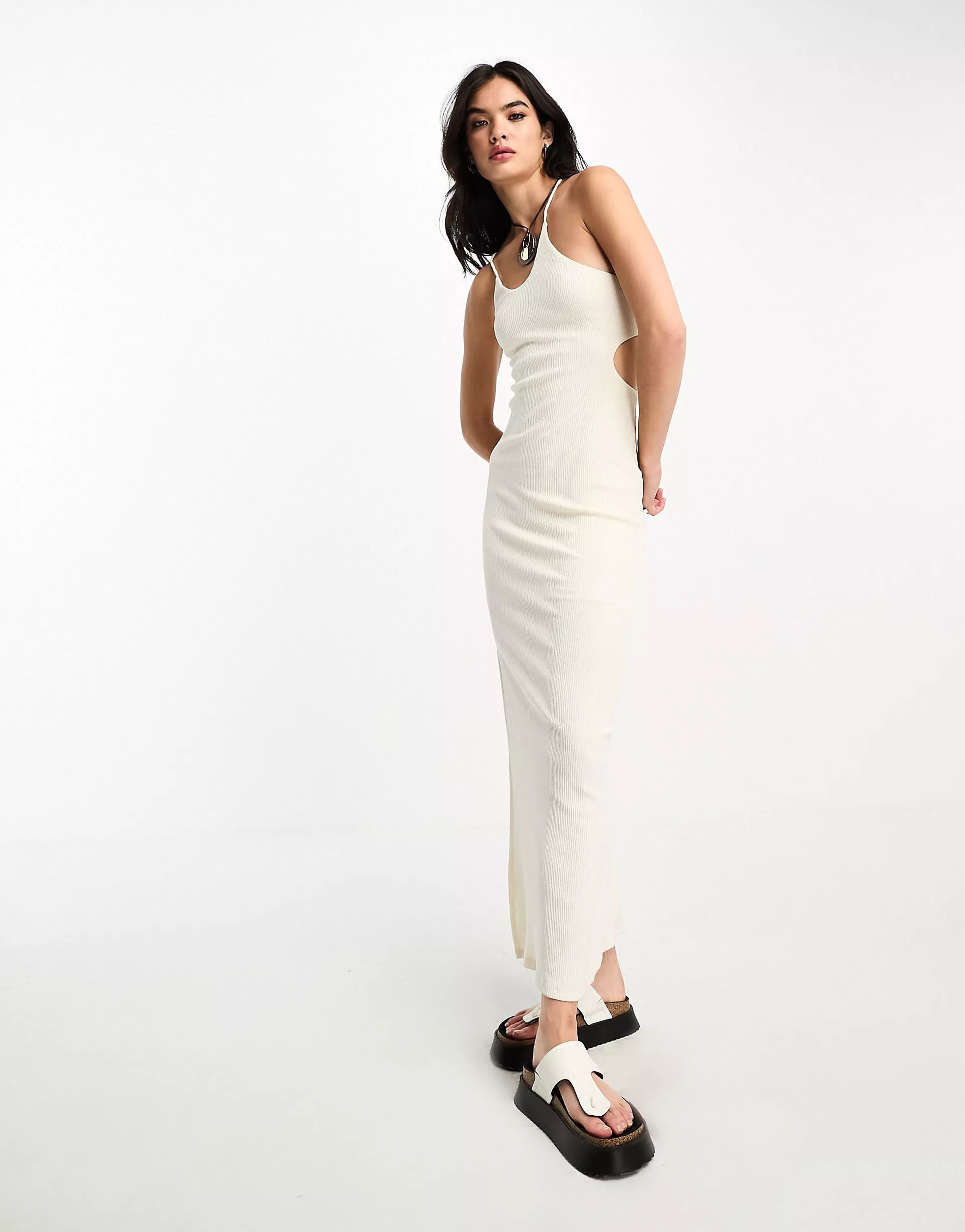 Bershka cut out detail asymmetric strap maxi dress in stone | ASOS (Global)