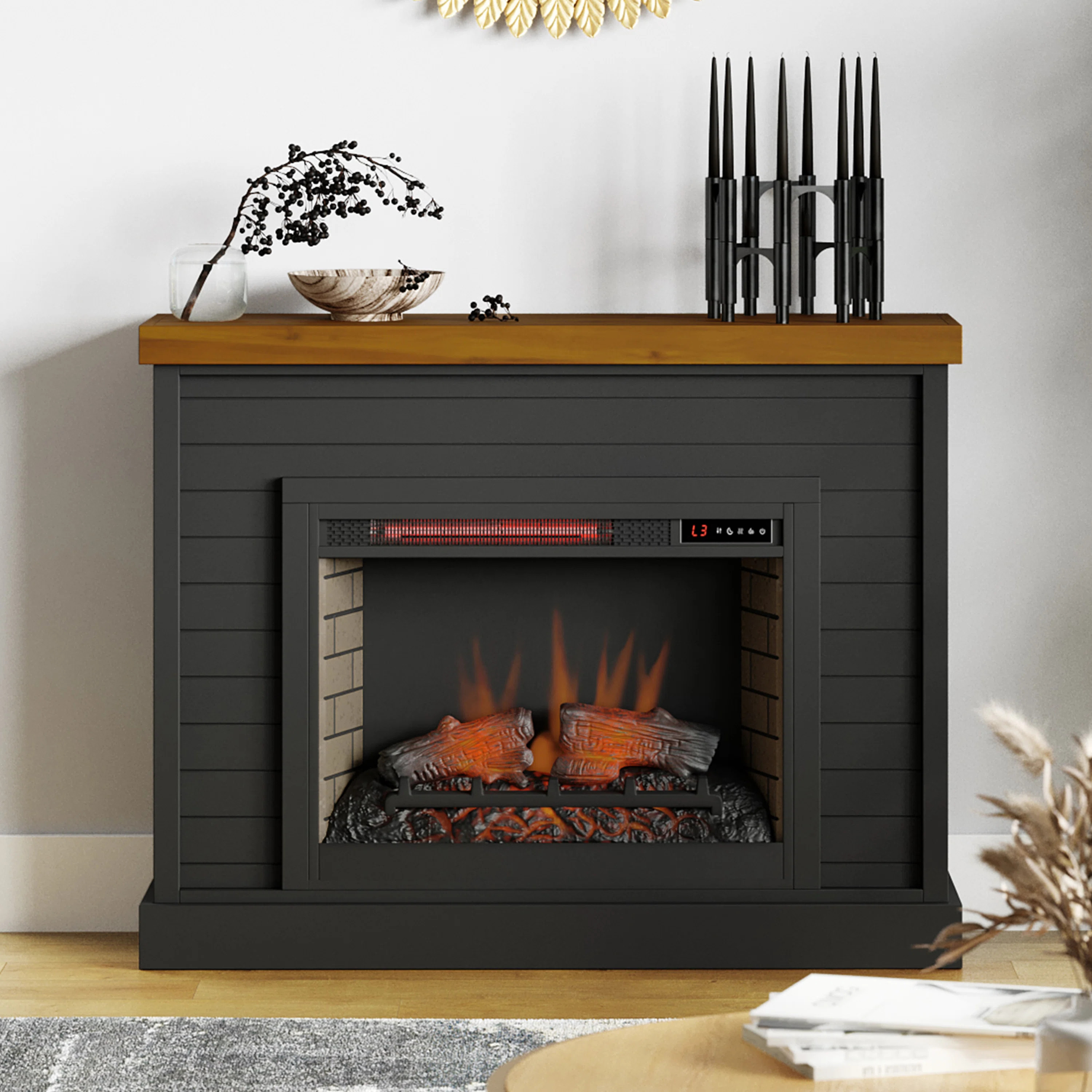 Caraviello 48 inch Modern Farmhouse Fireplace with Mantel, Two-Tone Finish | Wayfair North America