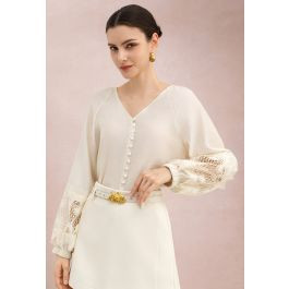 Guipure Lace Puff Sleeve Buttoned Top in Cream for Office Casual & Weekend Errands | Chicwish