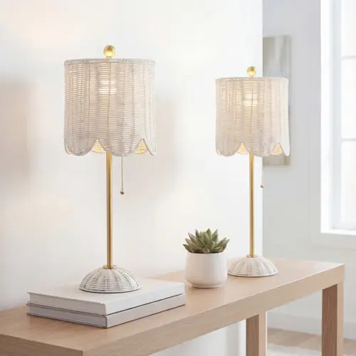 JONATHAN Y Celerie 27.5"" Coastal Bohemian Rattan/Iron Scalloped Buffet LED Table Lamp with Pull Chain in White/brass Gold at Nordstrom | Nordstrom