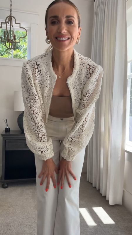Lace bomber jacket size XS, Amazon bodysuit, white wide leg jeans - use code ANNAMXSPANX, size 2 in asymmetrical top, size down in madewell jeans. Amazon raffia platforms on sale 