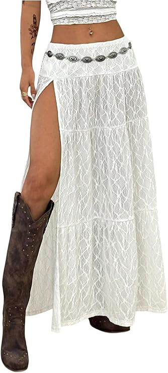 Milumia Women's Textured Split Thigh Lace Maxi Skirt Sexy Sheer Low Waist Long Summer Skirts | Amazon (US)