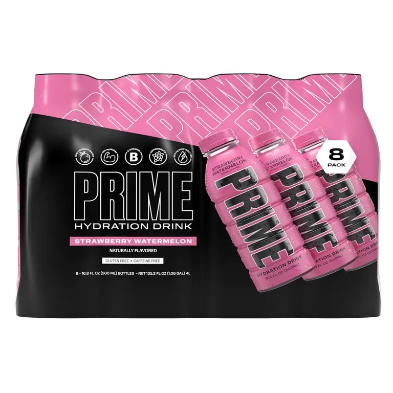 Prime Hydration Drink, Strawberry Watermelon, 16.9 fl oz, 8 Pack Bottle - Walmart.com | Walmart (US)