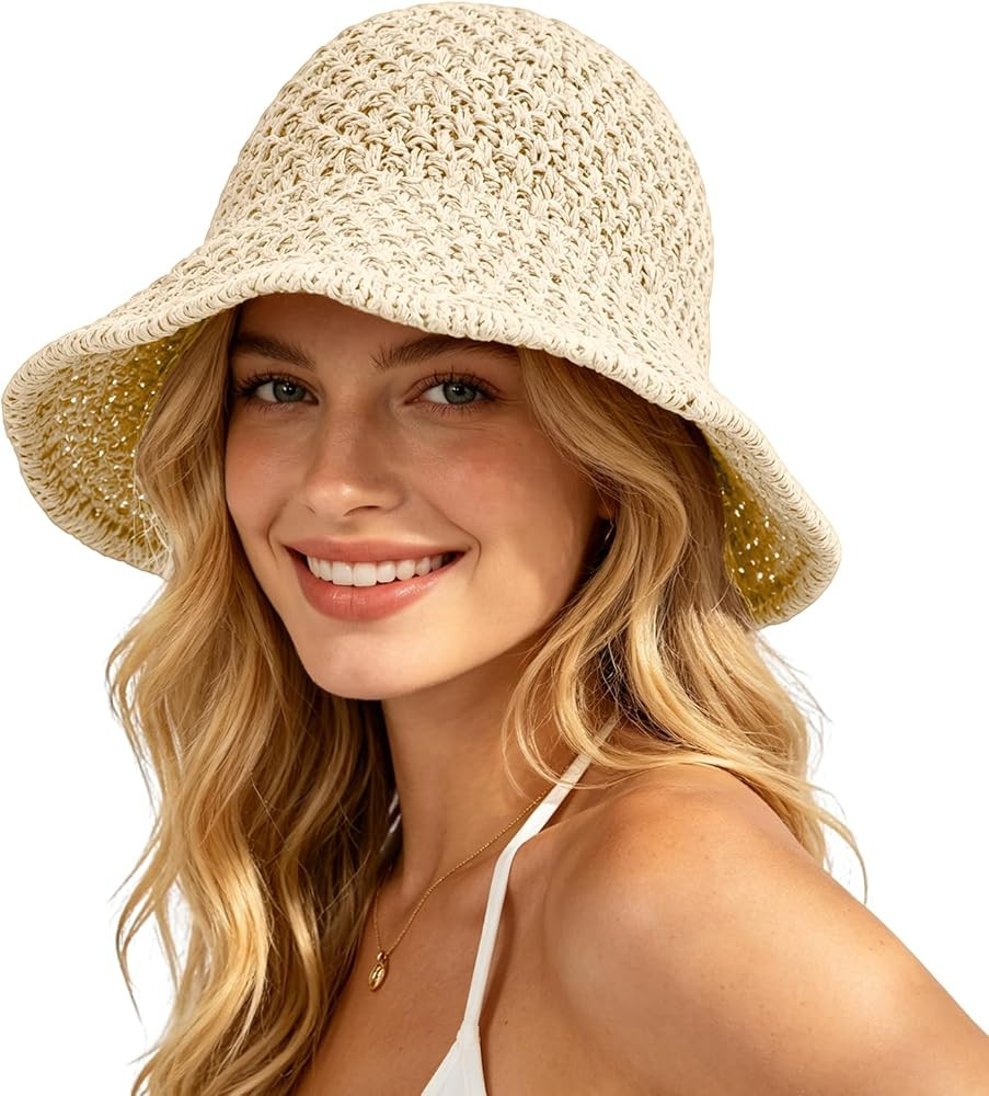 Sun Hat for Women Summer Straw Beach Hats Floppy Crochet Hat UV Protection Travel Bucket Hat Fold... | Amazon (US)